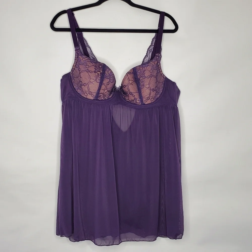 Adore Me Ella Sheer Lace Babydoll Top Size‎ 42C Purple Lined Cups Lingerie Layer
